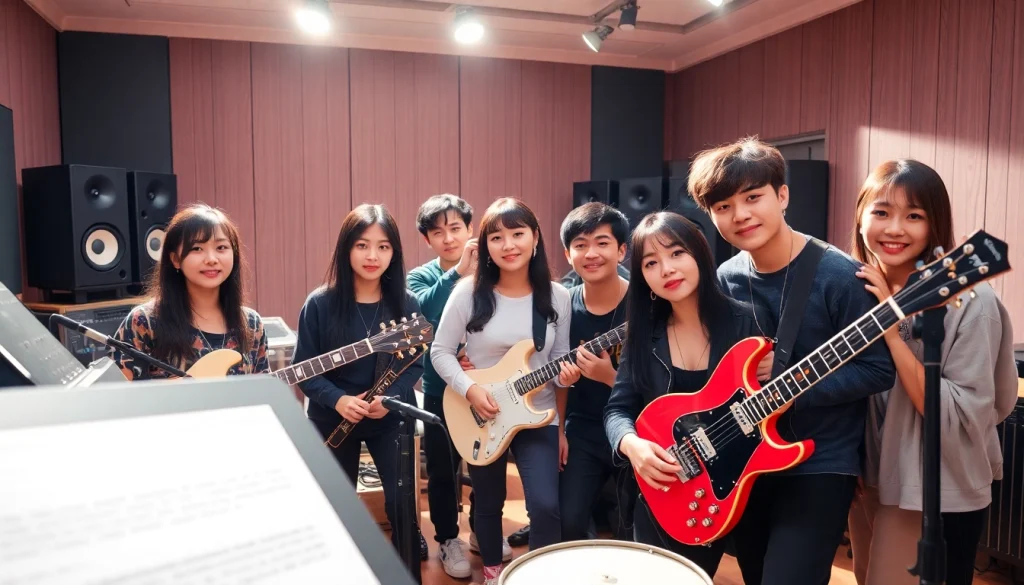 Smooth collaboration between diverse artists at https://www.kpopangel.com in a modern music studio.