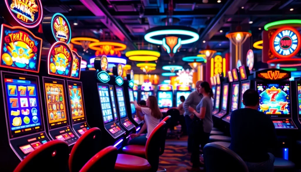 Menggambarkan permainan bos88 yang penuh warna dengan mesin slot menarik dan pemain yang antusias.