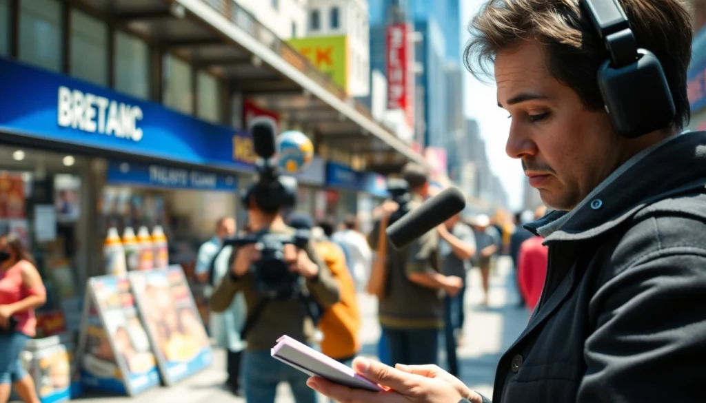 Capture news updates from https://saudiwadi.com with a professional journalist amidst a vibrant urban environment.