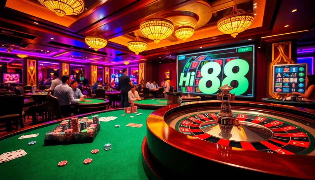 Hi88 offers players an exhilarating experience at a lively casino, featuring roulette, poker, and vibrant slots.
