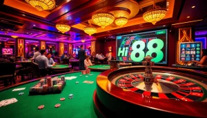 Hi88 offers players an exhilarating experience at a lively casino, featuring roulette, poker, and vibrant slots.