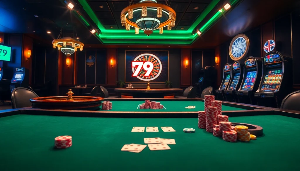 Joueurs engageant chez 79king autour de tables de poker luxueuses, roulettes vibrantes et action de mise intense sous un éclairage de casino dramatique.