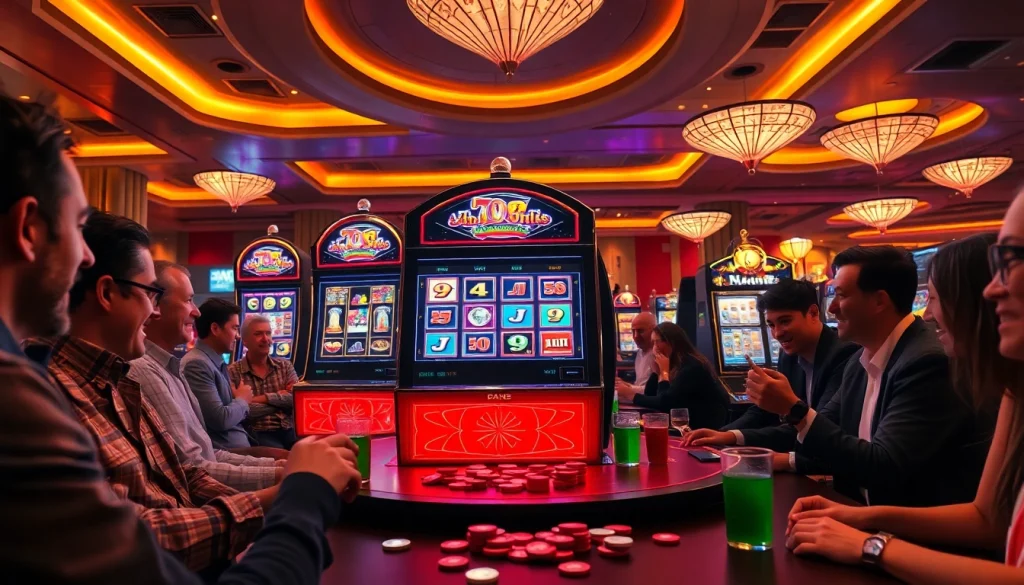 Memenangkan slot terpercaya dengan suasana kasino penuh energi dan lampu berwarna-warni.