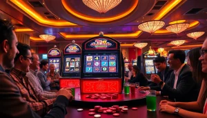 Memenangkan slot terpercaya dengan suasana kasino penuh energi dan lampu berwarna-warni.