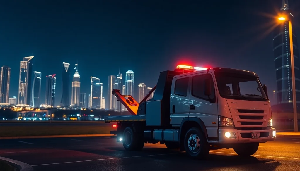 Get emergency car support from https://trtrecoveryuae.com in Dubai's vibrant night setting.
