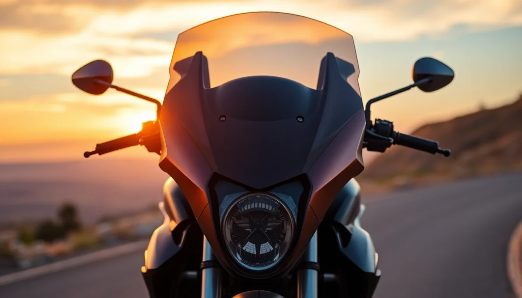 Spotlight on a motorcycle screen reflecting sunset colors, showcasing its sleek design.
