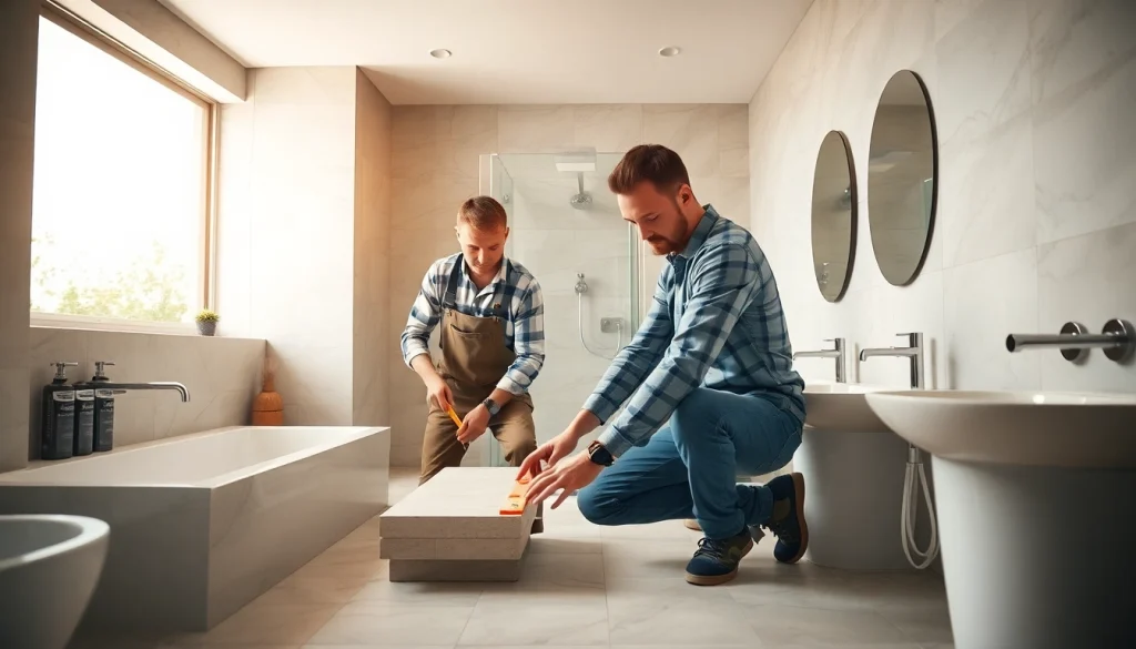 Bathroom builders expertly remodeling a modern bathroom showcasing quality craftsmanship.