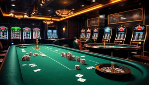 79king players engage in thrilling poker at luxury tables, with roulette wheels and vibrant slot machines visible.
