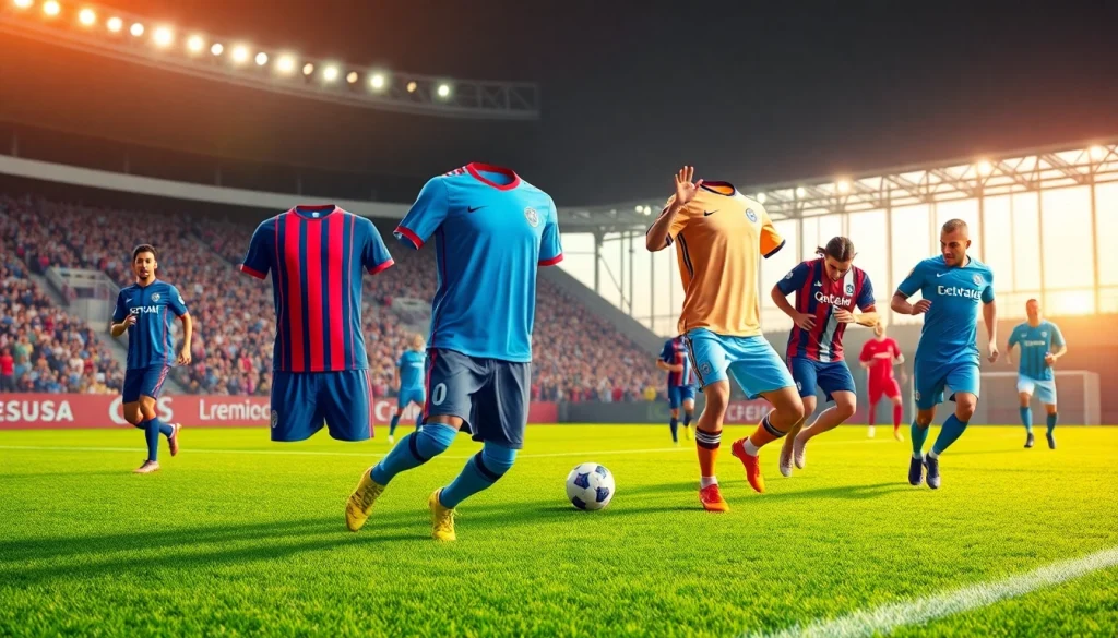 Showcase of football kits in action during a match, highlighting vibrant designs and player dynamics.