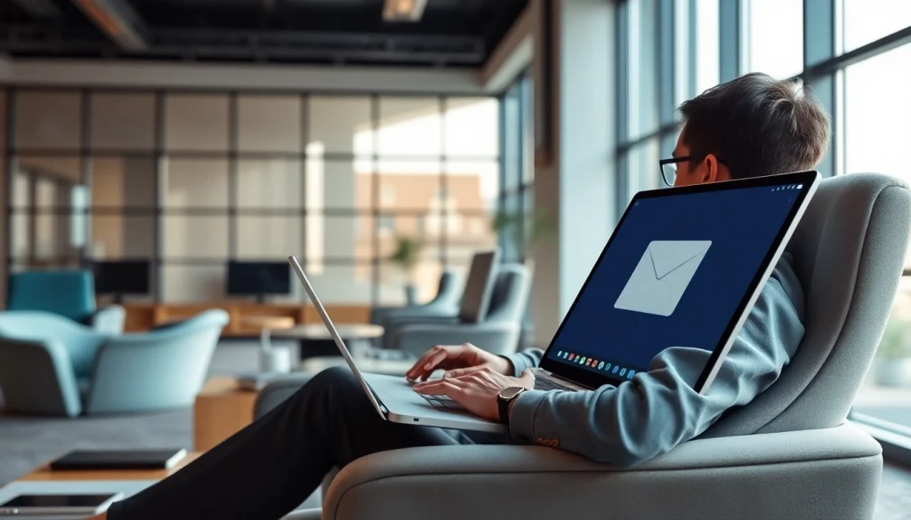 Access 谷歌邮箱下载 interface on a laptop in a modern office setting.