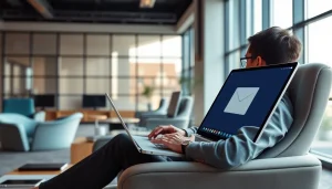 Access 谷歌邮箱下载 interface on a laptop in a modern office setting.