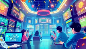 Menampilkan pengguna terlibat dalam bandar togel online dengan tiket warna-warni dan layar hasil langsung.