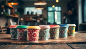 Visually appealing arrangement of paper coffee cups illustrating variety and eco-friendliness.