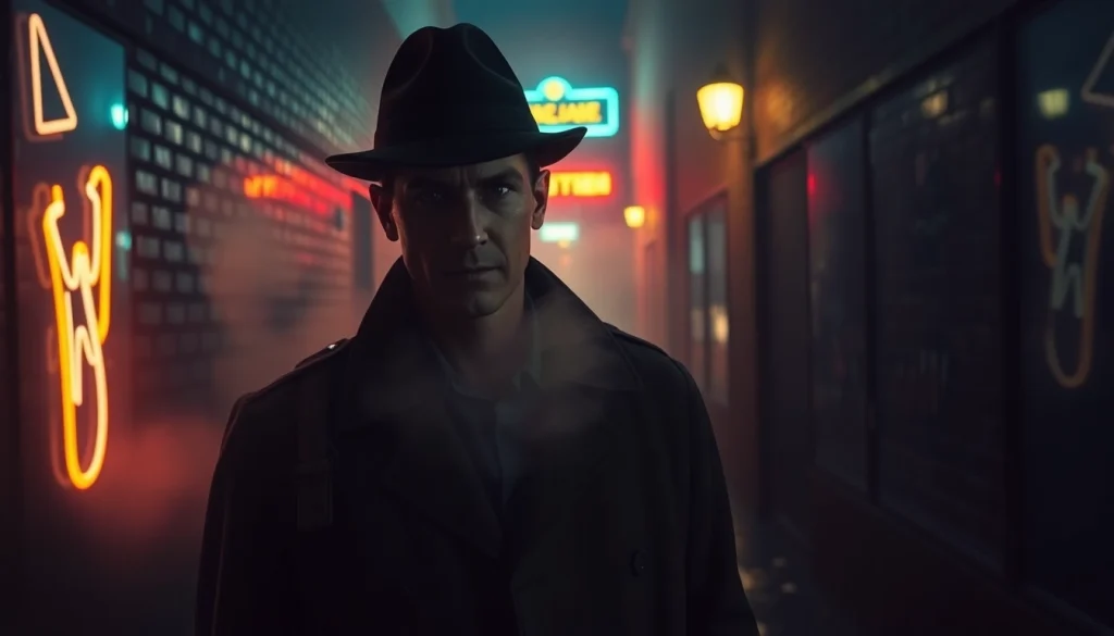 Capture a thriller atmosphere with a mysterious figure in an eerie urban setting.