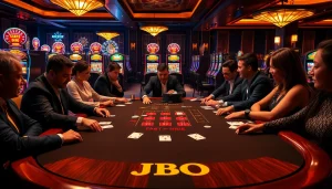 Players immerse in a high-stakes JBO blackjack game at a luxurious casino table, surrounded by vibrant slot machines.