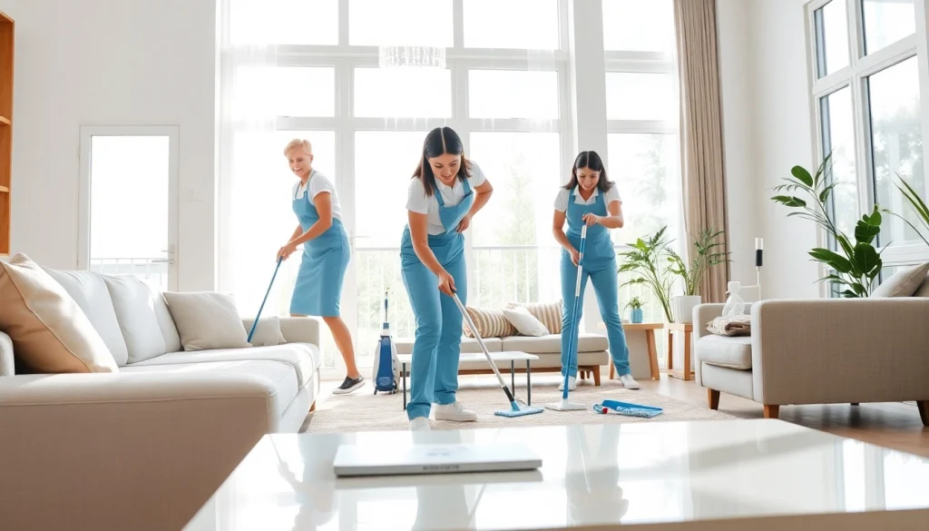 Skilled team providing Cleaning Service in a well-maintained living room, showing efficiency and professionalism.