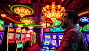 Menang di mesin slot bro138 slot dengan suasana kasino yang mewah dan penuh warna.