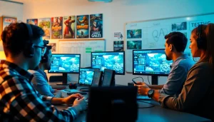 Video game QA company team actively testing and debugging games in a bright, collaborative environment.