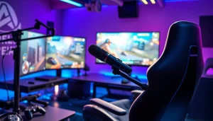 MV88 microphone in a futuristic gaming setup, capturing high-quality audio for eSports.
