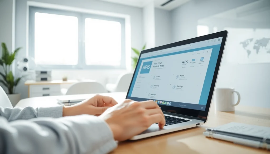 Using WPS办公软件 on a laptop in a bright, professional workspace with office supplies.