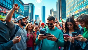 Engaged individuals participating in sports betting in India through mobile apps in an urban setting.