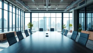 Showcasing an industrial leasing office interior with modern design elements and a bright ambiance.