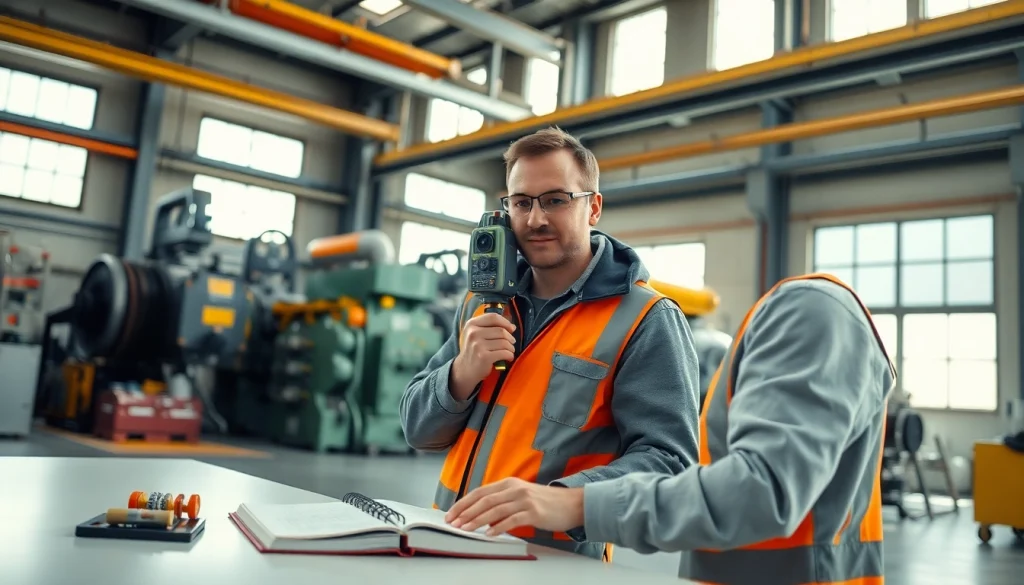 Conducting a noise assessment survey with professional equipment in an industrial environment.