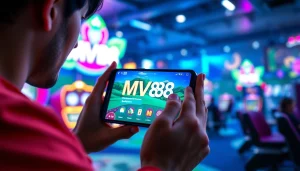 Confident gamer using the MV88 app on a smartphone in a vibrant online gambling atmosphere.