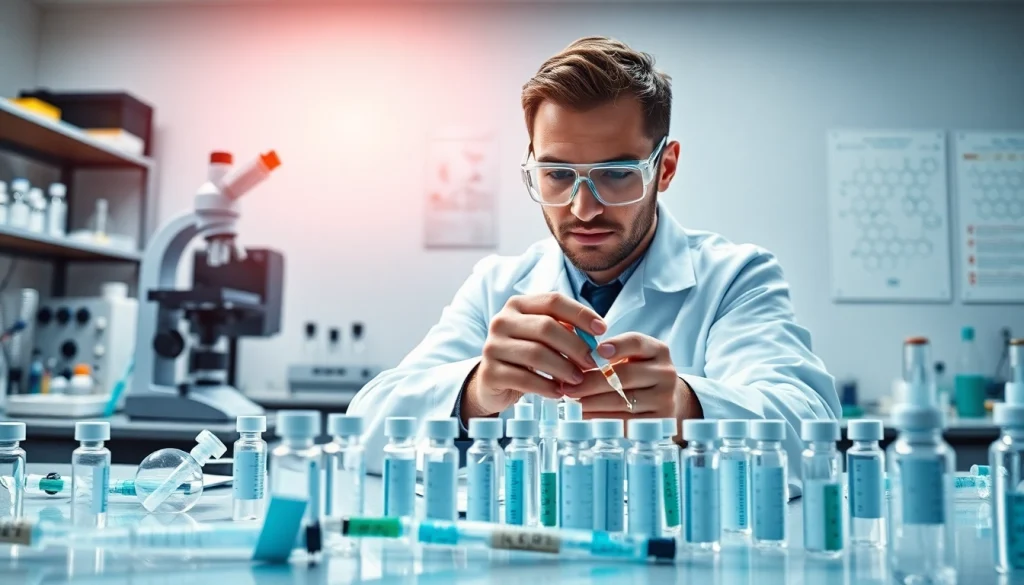 Scientist examining samples of research peptides in a modern lab environment.