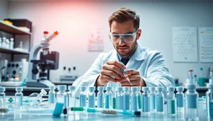 Scientist examining samples of research peptides in a modern lab environment.