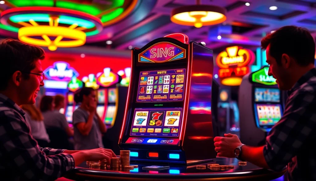 Pemain menikmati permainan slot yang menarik di kasino dengan suasana ceria.