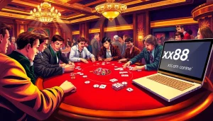 Players strategize at a poker table in a lively casino setting, showcasing xx88.com for a thrilling gaming experience.