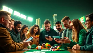 Engaging scene of bettors analyzing odds at the best sportsbooks Mexico, with a vibrant atmosphere and city skyline.