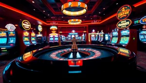 Kasinojitu menampilkan suasana kasino yang bersemangat dengan meja roulette dan mesin slot.