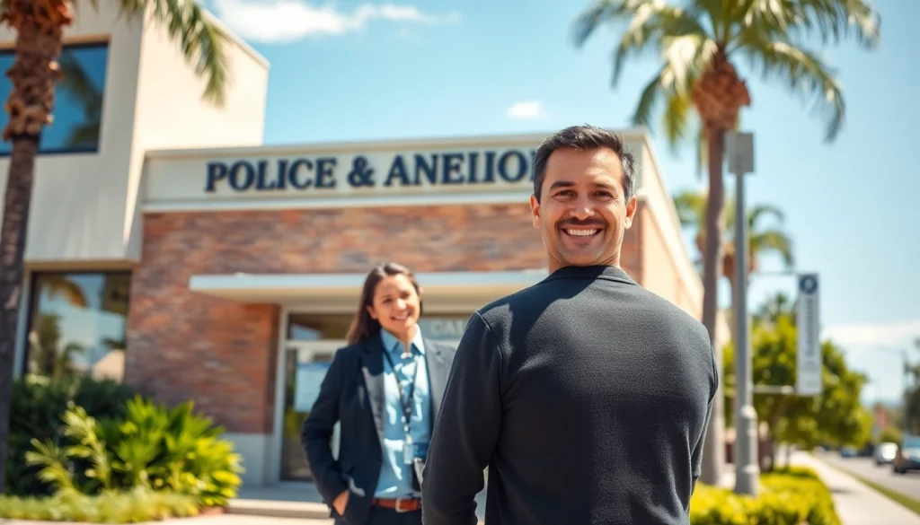Utilizing the Anaheim inmate Locator effectively, the friendly bail bond agent assists a client outside a modern Anaheim police station.