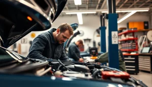 Kfz werkstatt berlin mit Mechaniker, der eine Motorreparatur durchführt.