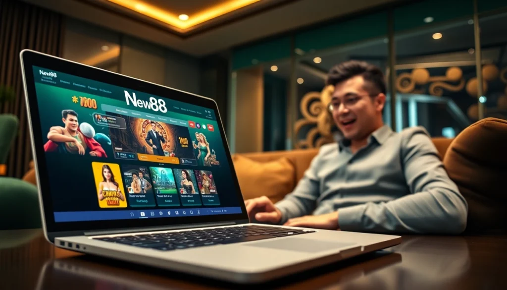 Engaging interaction with New88's sophisticated gambling platform in a modern lounge setting.