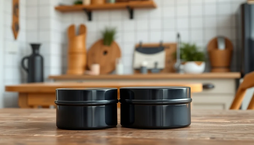 Stylish black tins arranged beautifully in a cozy kitchen setting.