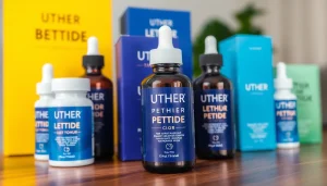 Discover Uther Peptide products in elegant packaging displayed beautifully on a wooden table.