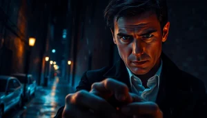 Thrilling detective exploring clues in a suspenseful thriller movie setting.