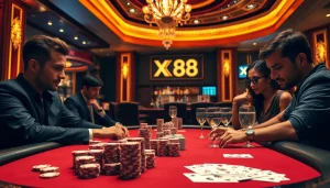 Experience the thrill of XX88 at a high-stakes poker table in a luxurious casino, showcasing intense gameplay and vibrant atmosphere.
