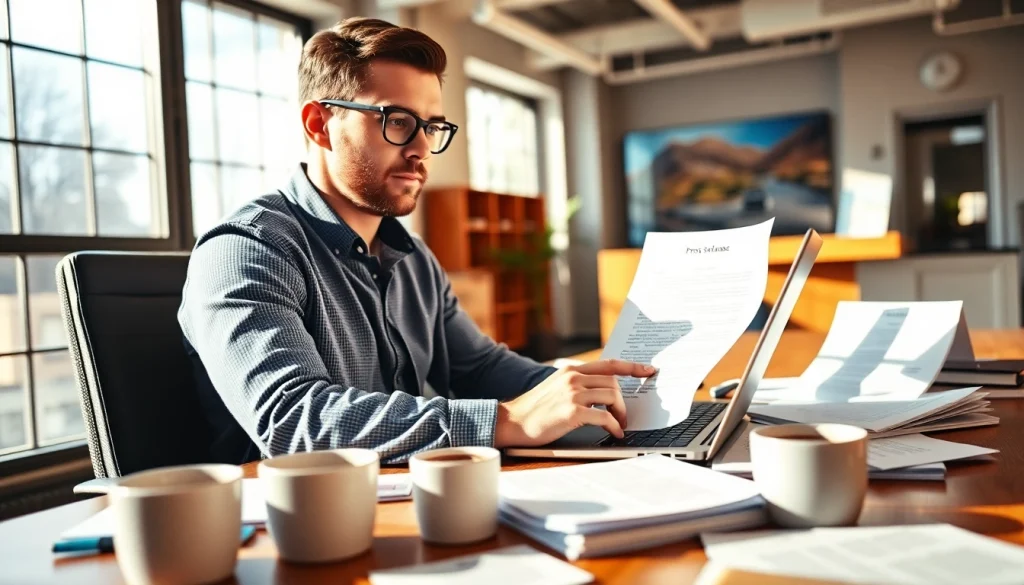 Creating a press release in a modern office, showcasing a writer focused on drafting news.