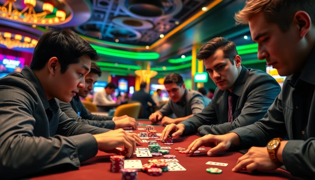 Menampilkan pemain yang berkompetisi dalam permainan Domino88 poker game yang mendebarkan.