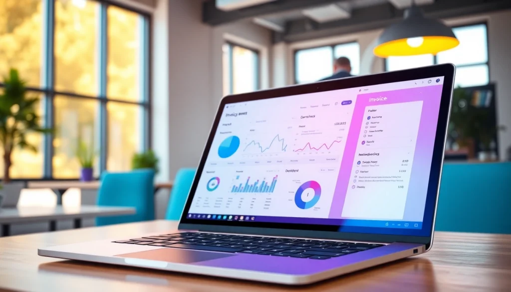 Streamlined dashboard showcasing invoice processing software on a laptop in a modern office.