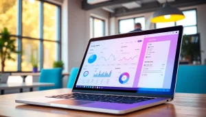 Streamlined dashboard showcasing invoice processing software on a laptop in a modern office.