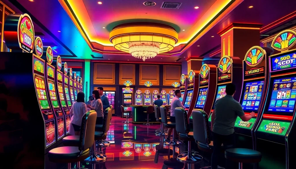 Menampilkan aksi seru luxury138 slot dengan pemain di kasino mewah yang penuh warna.