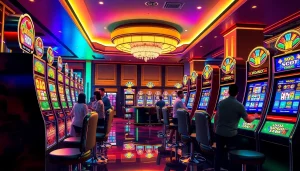 Menampilkan aksi seru luxury138 slot dengan pemain di kasino mewah yang penuh warna.