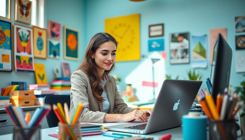 Woman in a creative workspace at https://www.lyliarose.com, surrounded by vibrant stationery.