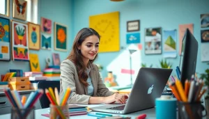 Woman in a creative workspace at https://www.lyliarose.com, surrounded by vibrant stationery.