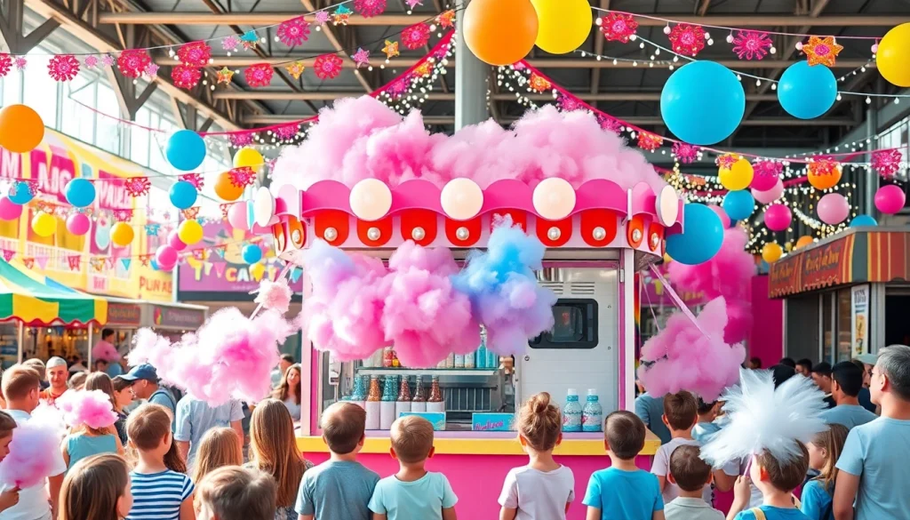 Geniet van kleurrijke wafel katoen in een levendige kraam op de kermis.